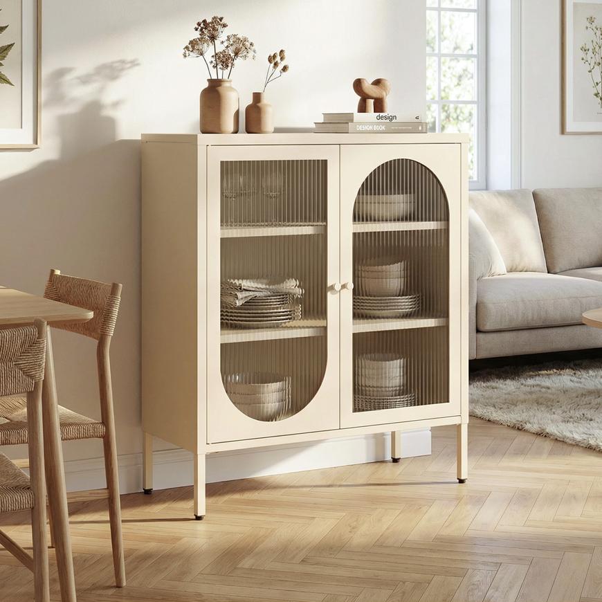 KURT Industrial Metal Sideboard with 2 Doors, Beige and Fluted Glass, 80cm
