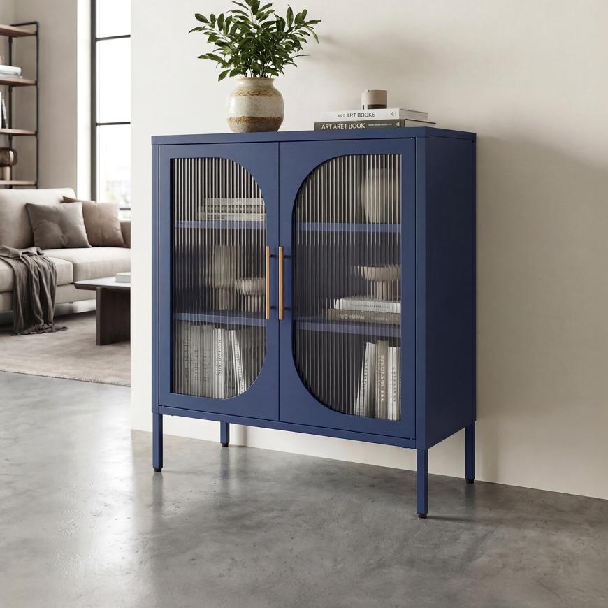 Metal Sideboard 2 Doors Midnight Blue and Fluted Glass 80cm LUKA