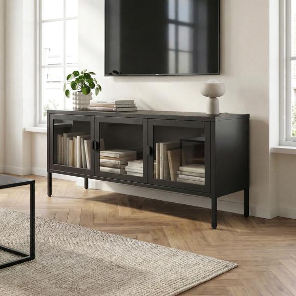 EZRA Průmyslový kovový TV stolek, 130 cm, 3 dvířka, černý a tvrzené sklo