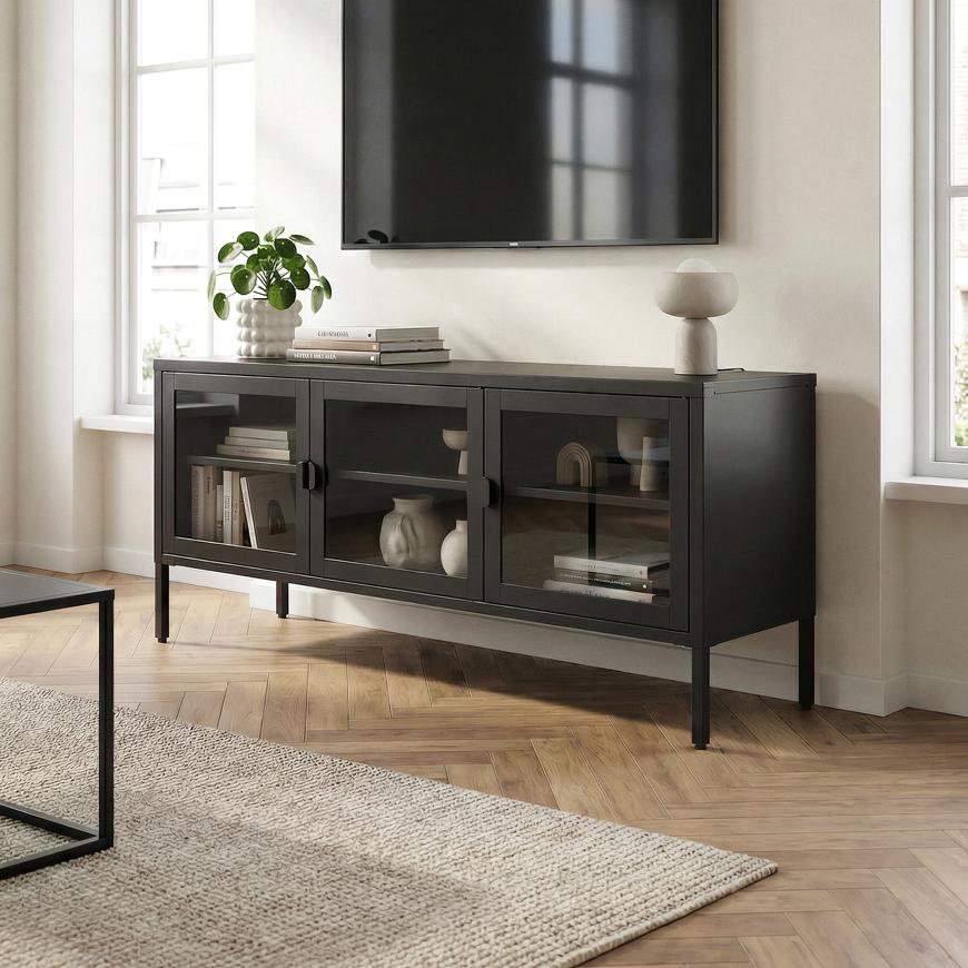 Metal TV Stand 130cm 3 Doors, Black and Tempered Glass EZRA