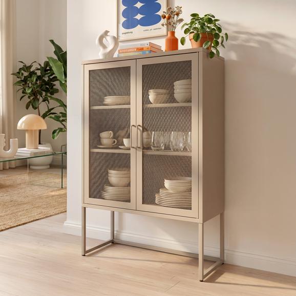 Buffet haut industriel en métal H.120cm 2 portes mesh grillagé beige - KAI