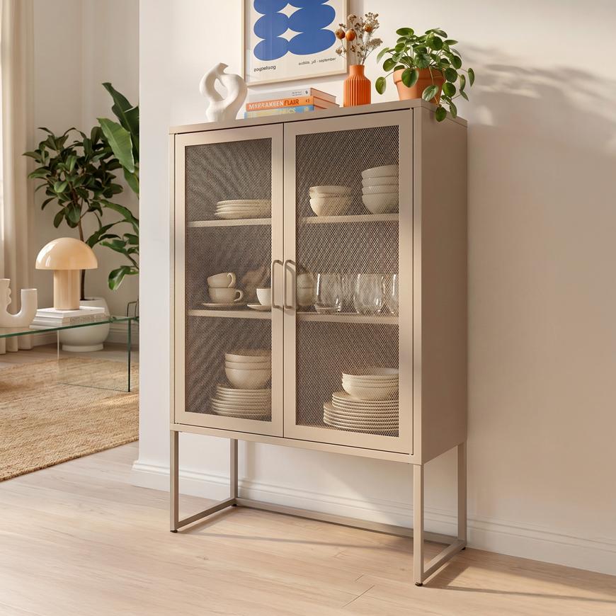 KAI Industrielles Metall-Highboard, 120 cm hoch, 2 beigefarbene Gittertüren
