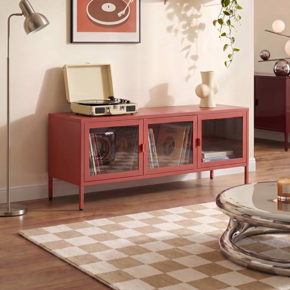 Meuble TV industriel en métal 130cm 3 portes, terracotta et verre trempé EZRA