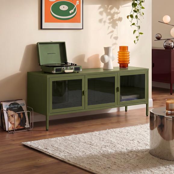 Meuble TV industriel en métal 130cm 3 portes, vert olive et verre trempé EZRA