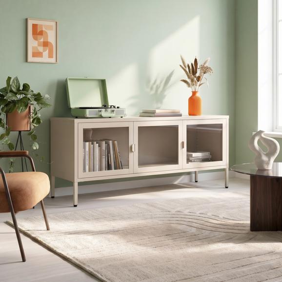 Meuble TV industriel en métal 130cm 3 portes, beige et verre trempé EZRA