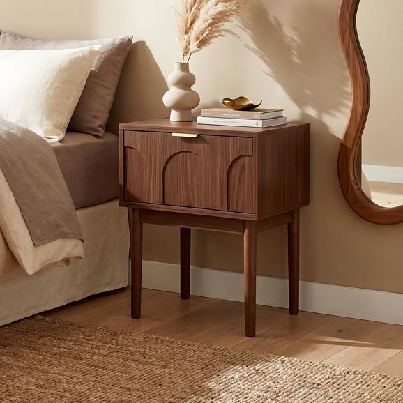 Bedside table, set of 2, walnut finish, 1 drawer - NOLAN