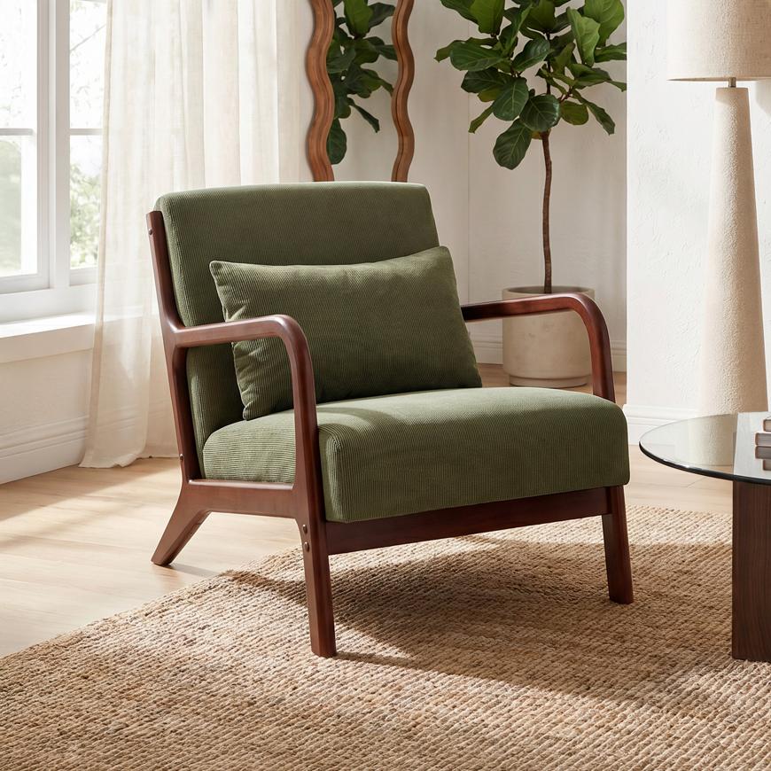 Vintage Scandinavian armchair MARIE in khaki corduroy and walnut finish wood
