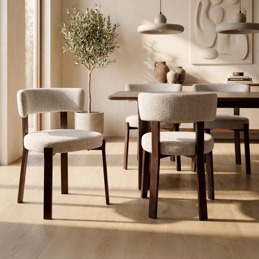 Set of 4 upholstered Japandi-style chairs in beige chenille fabric, walnut-effect metal legs - ZOE