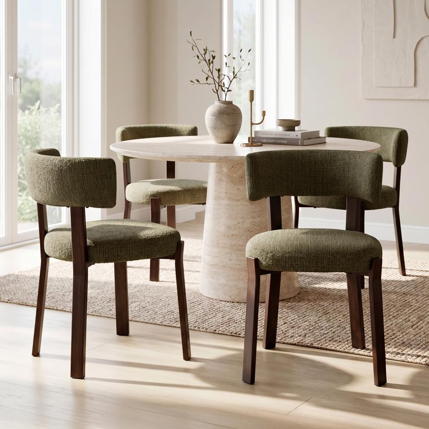 Set of 4 upholstered Japandi-style chairs in khaki chenille fabric, walnut-effect metal legs - ZOE