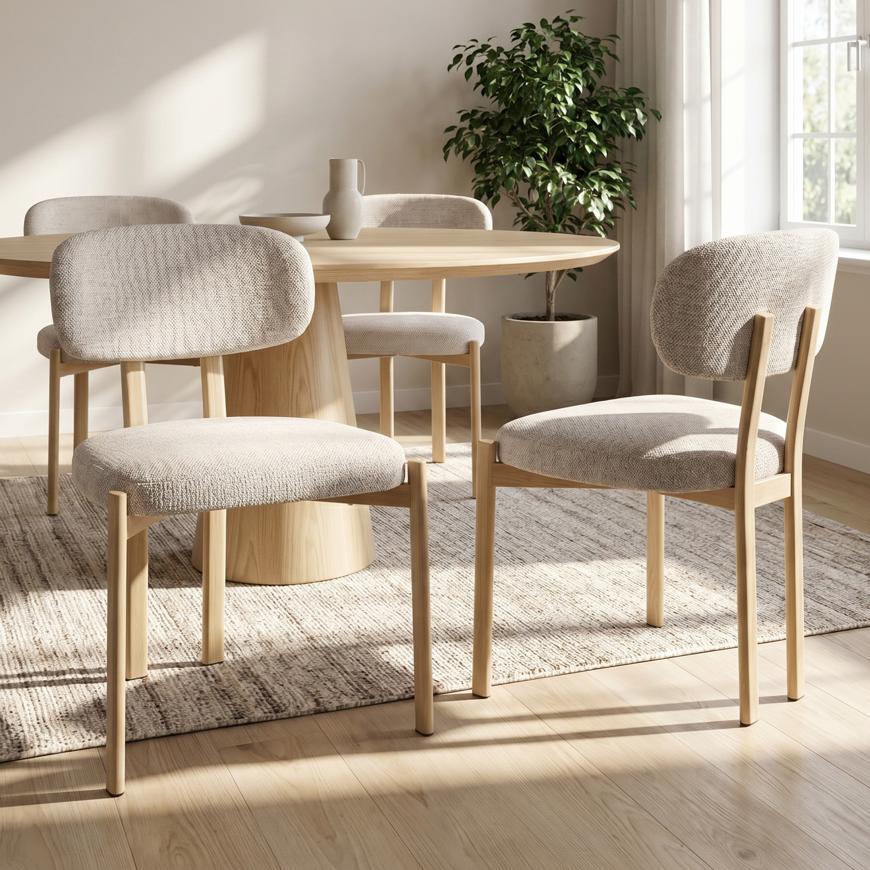 Set med 4 klädda fåtöljer i skandinavisk stil i beige chenilletyg, metallben med ekeffekt – MIA