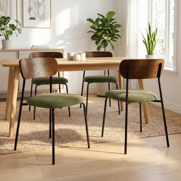 4er-Set skandinavischer Stühle aus khakifarbenem Cord und Eschenfurnier mit schwarzen Metallbeinen – OLIVIA