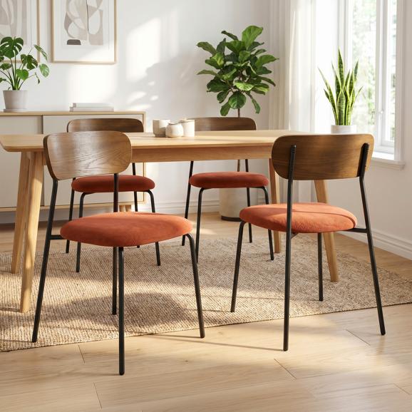 4er-Set skandinavischer Stühle aus terrakottafarbenem Cord und Eschenfurnier mit schwarzen Metallbeinen - OLIVIA