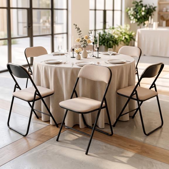 Set van 6 klapstoelen bekleed met beige corduroy met zwarte metalen poten - GRETA