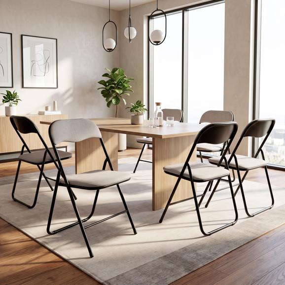 Set van 6 klapstoelen bekleed met grijs corduroy met zwarte metalen poten - GRETA