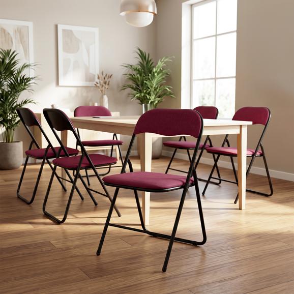 Set van 6 klapstoelen bekleed met bordeauxrood corduroy met zwarte metalen poten - GRETA