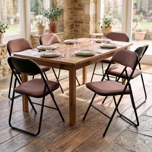 Set van 6 klapstoelen bekleed met bruin corduroy met zwarte metalen poten - GRETA