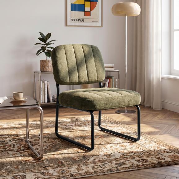 Khaki upholstered armchair with black metal legs and chenille fabric - PAOLA
