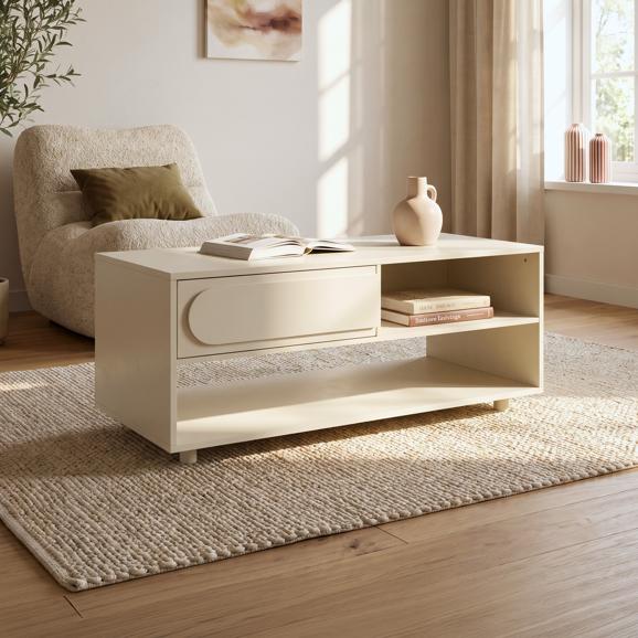 FLORA beige salontafel, 110 cm, 1 lade, melamine afwerking