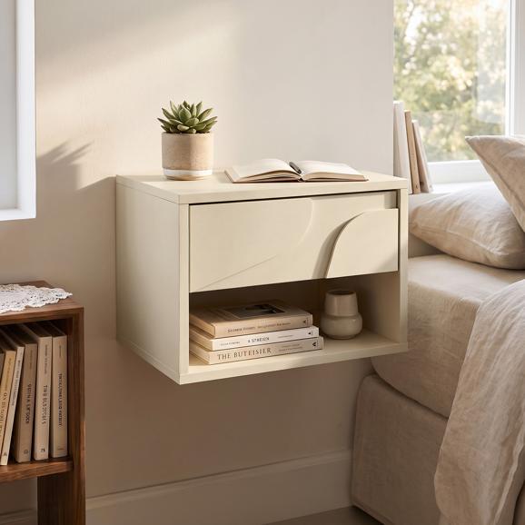 Set van 2 beige zwevende nachtkastjes met 1 lade, melamine afwerking, FLORA