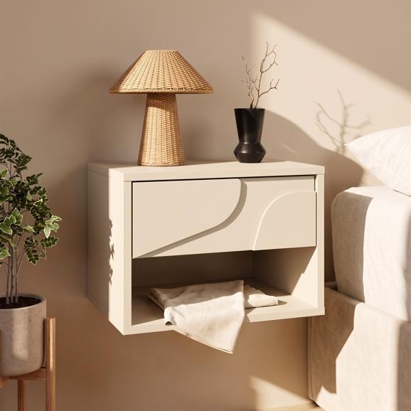 Set of 2 beige floating bedside tables with 1 drawer, melamine finish, FLORA