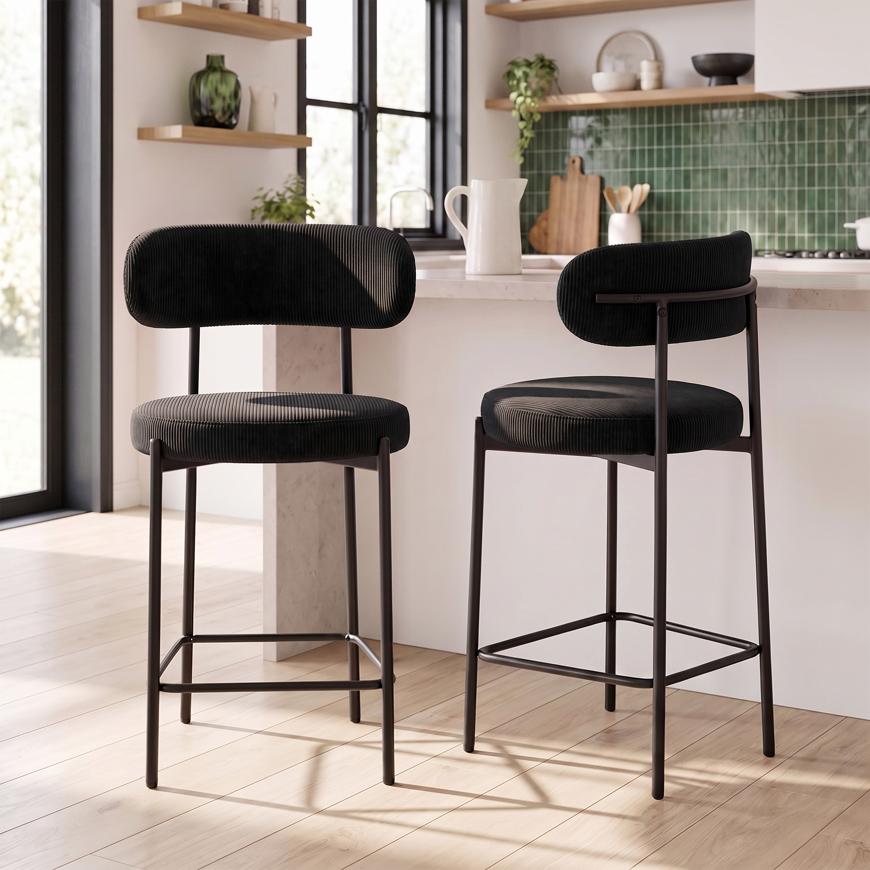 Set di 2 sgabelli da bar, alti 65 cm, rivestiti in velluto a coste nero con gambe in metallo nero, IRIS