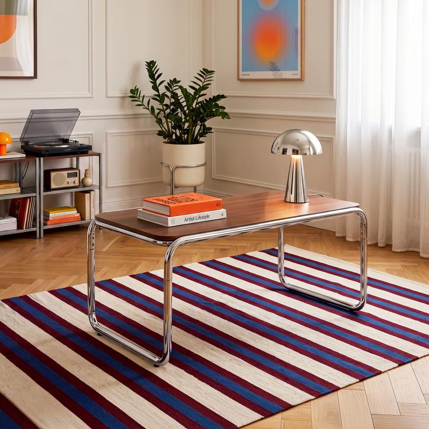 AMAYA Retro-Couchtisch, 90 cm, Tischplatte in Walnussoptik und Chromgestell