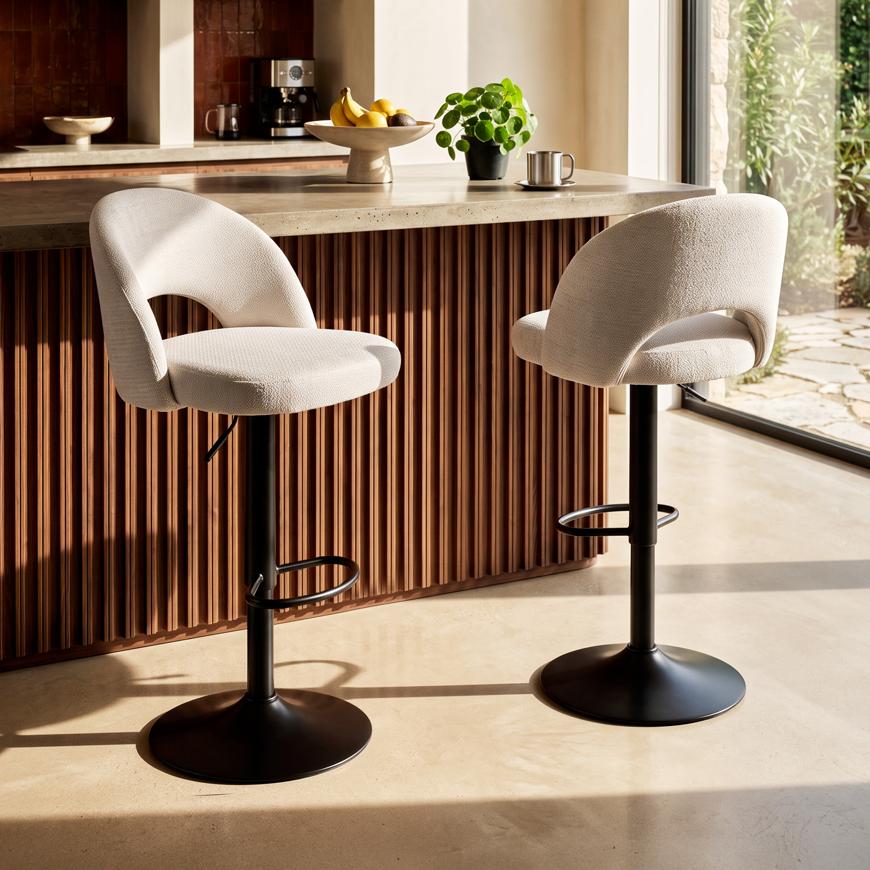 Taburete de bar giratorio 360° regulable en altura - Pack de 2, tela chenilla beige, patas de metal negro ORION