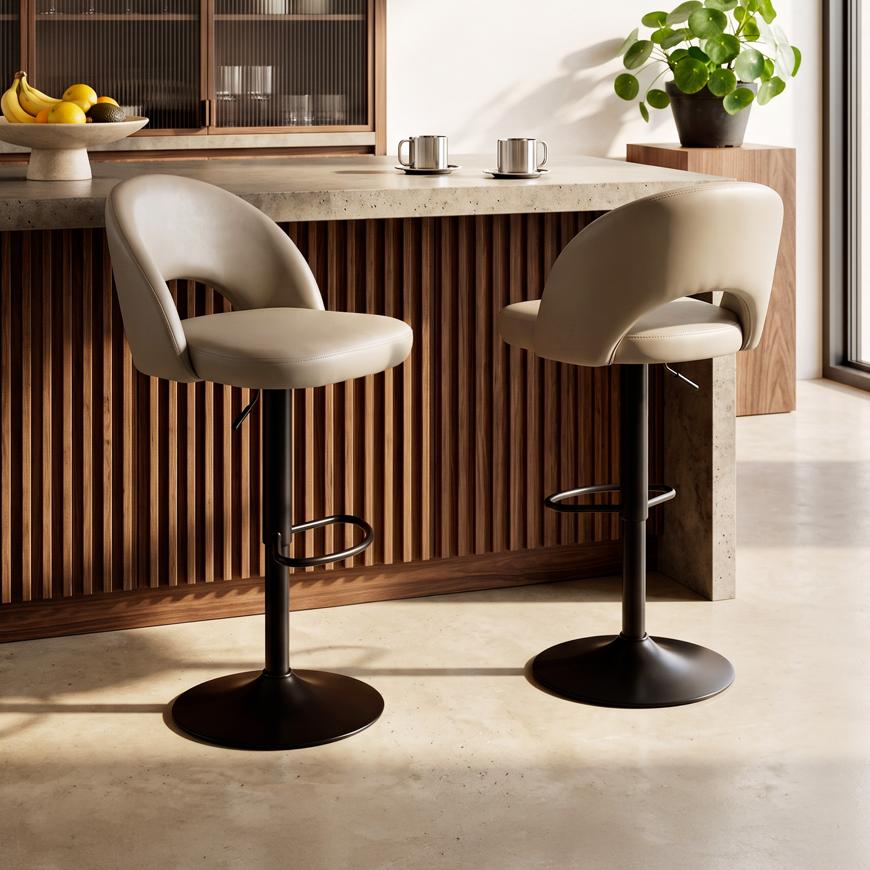 Taburete de bar giratorio 360° regulable en altura - Pack de 2, piel sintética beige, patas de metal negro ORION
